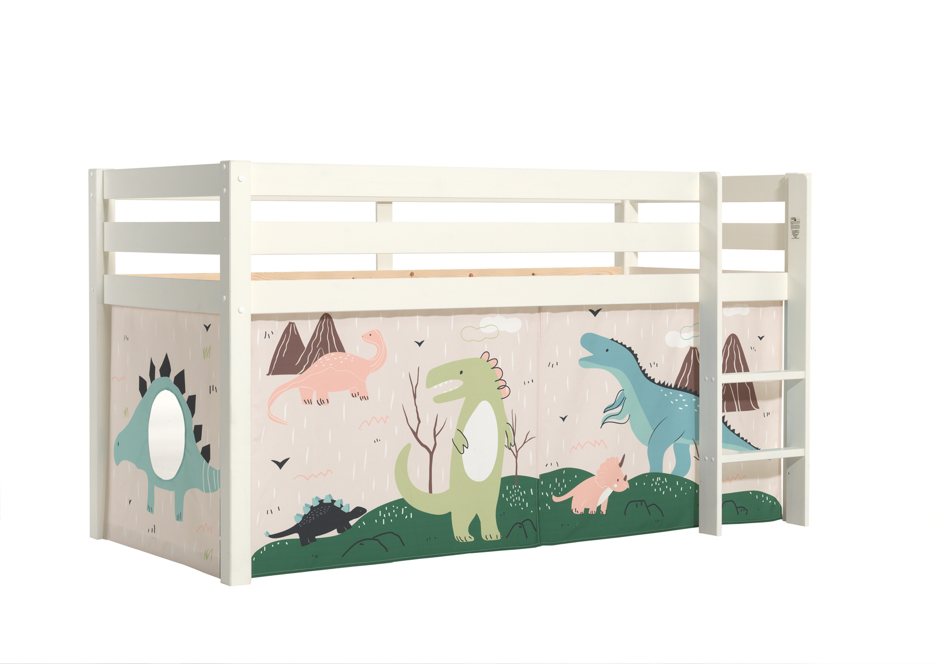 LUCEVI - Pino Halfhoogslaper H115CM + Ladder + Dino Gordijntjes - Wit - 90x200 cm