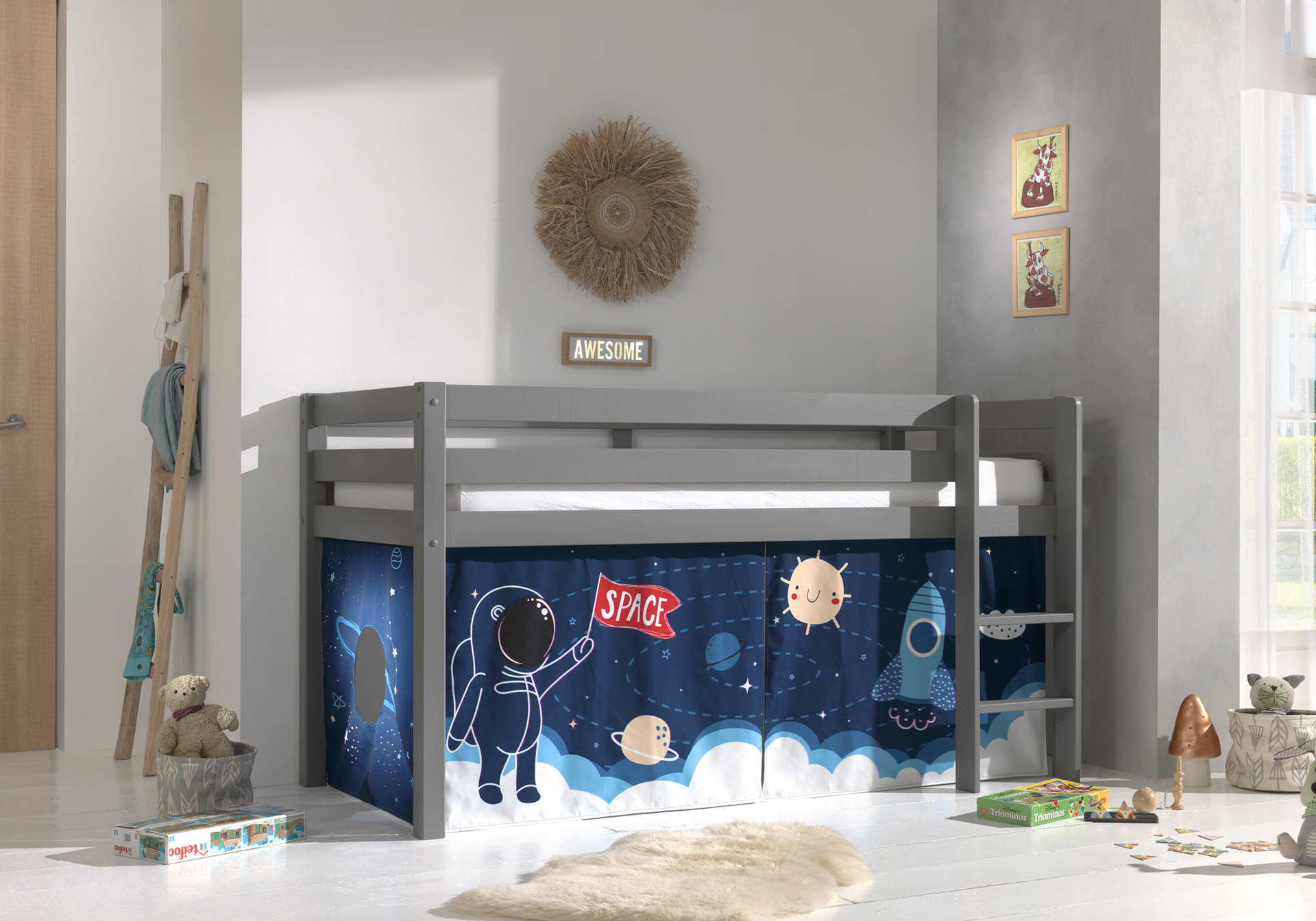 LUCEVI - Pino Halfhoogslaper H115CM + Ladder + Space Shuttle Gordijntjes - Grijs - 90x200 cm