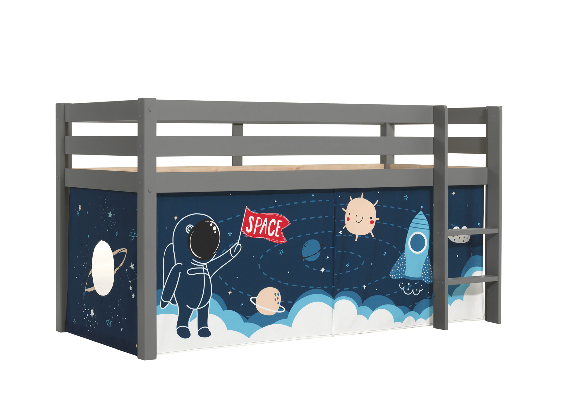 LUCEVI - Pino Halfhoogslaper H115CM + Ladder + Space Shuttle Gordijntjes - Grijs - 90x200 cm