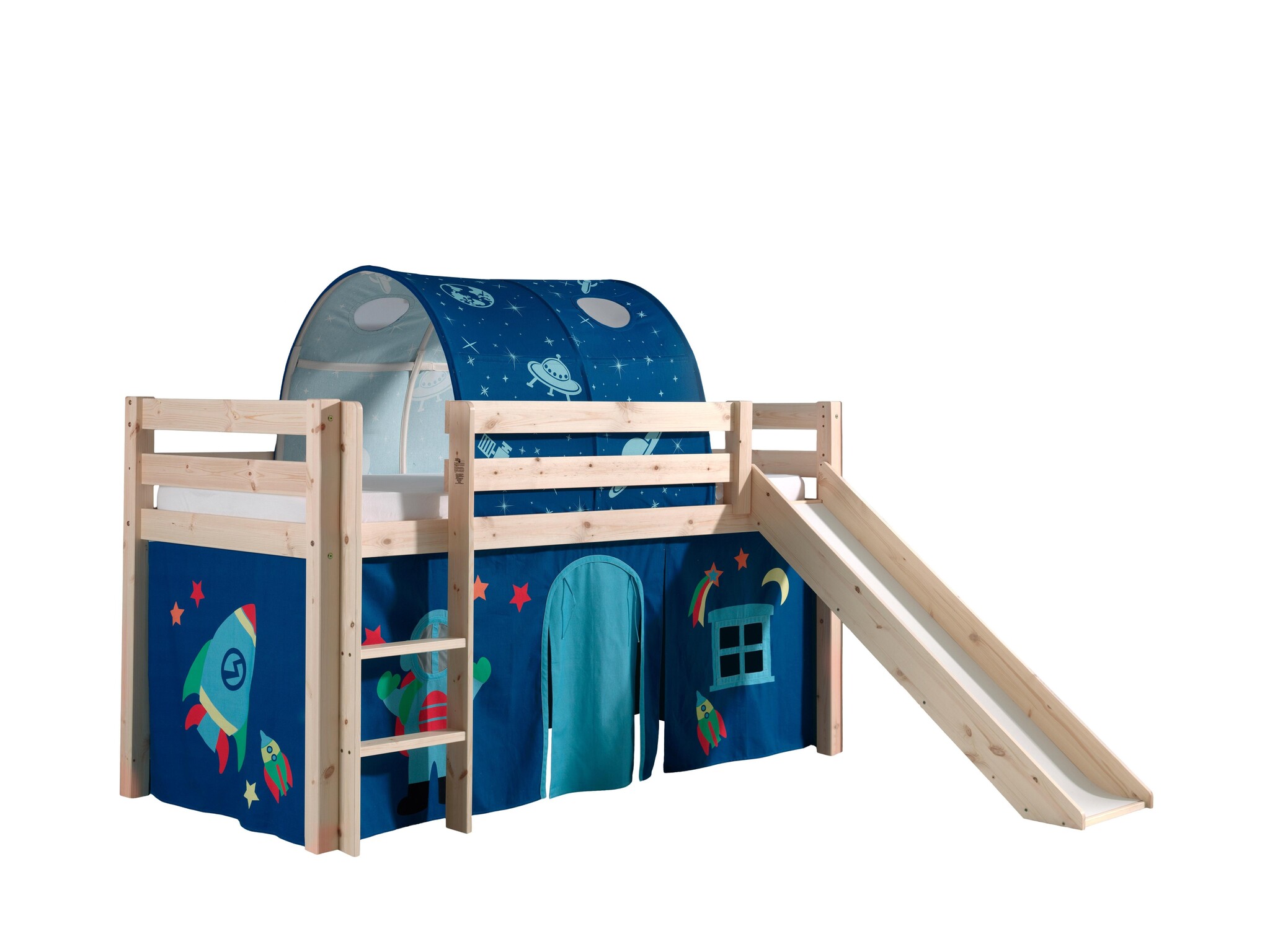 LUCEVI - Pino Halfhoogslaper + Ladder + Glijbaan + Astro Gordijntjes + Astro Tunnel - Bruin - 90x200 cm