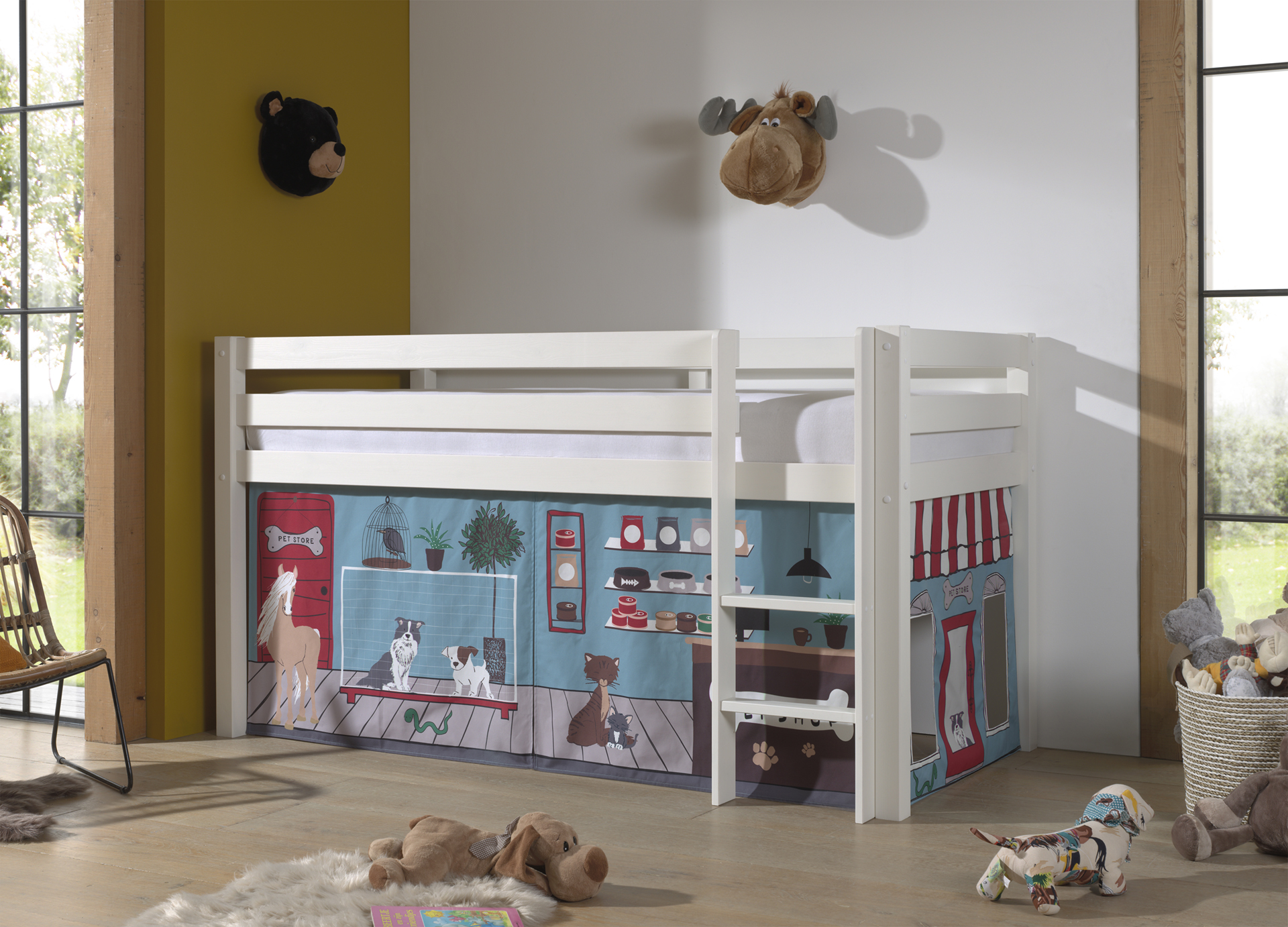 LUCEVI - Pino Halfhoogslaper H115CM + Ladder + Pet Shop Gordijntjes - Wit - 90x200 cm