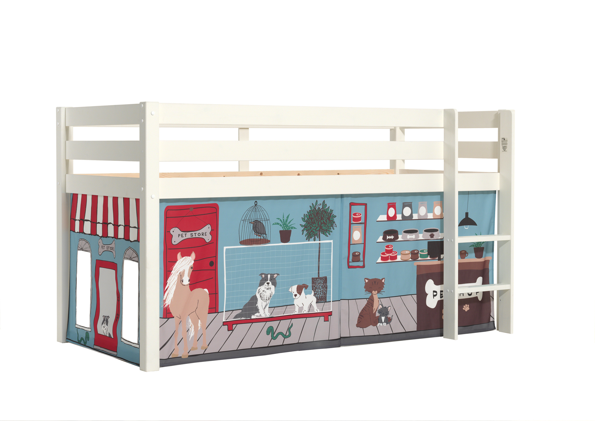 LUCEVI - Pino Halfhoogslaper H115CM + Ladder + Pet Shop Gordijntjes - Wit - 90x200 cm