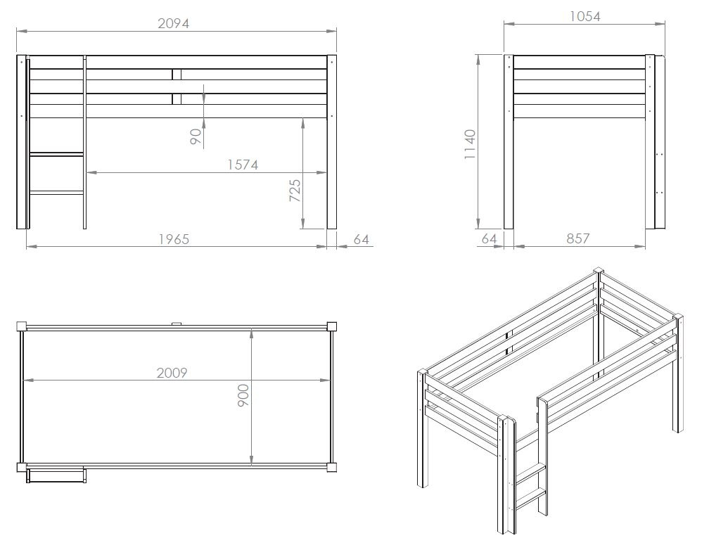 LUCEVI - Pino Halfhoogslaper H115CM + Ladder + Pet Shop Gordijntjes - Wit - 90x200 cm