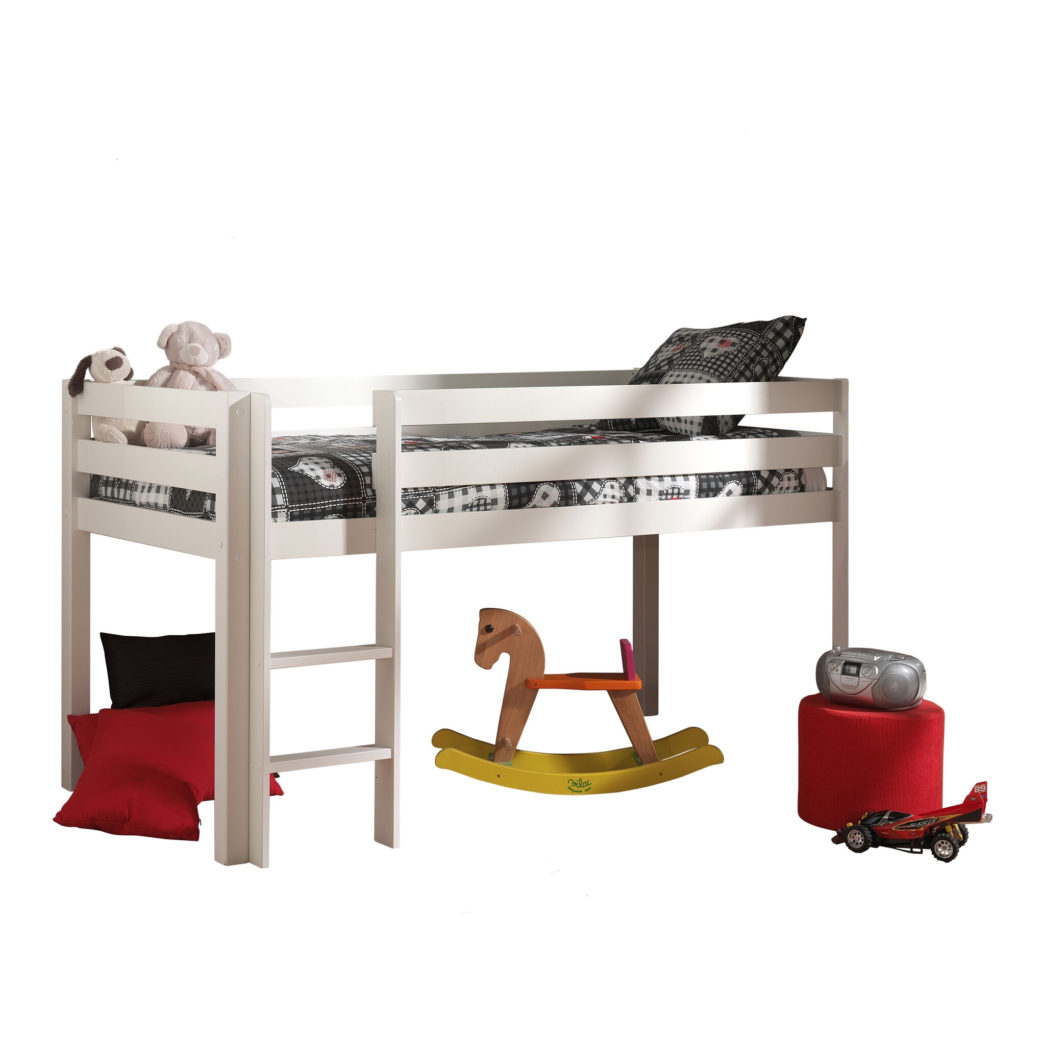 LUCEVI - Pino Halfhoogslaper H115CM + Ladder + Pet Shop Gordijntjes - Wit - 90x200 cm