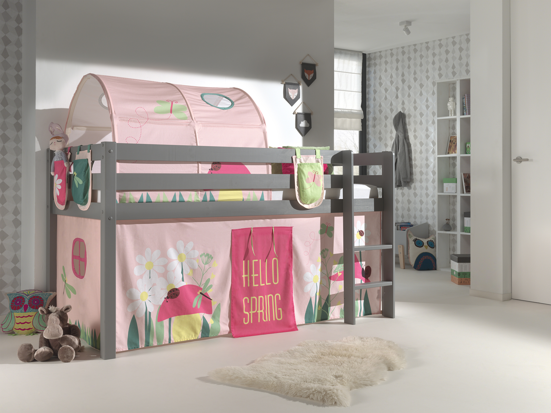 LUCEVI - Pino Halfhoogslaper H115CM + Ladder + Spring Gordijntjes + 3 Zakjes + Spring Tunnel - Grijs - 90x200 cm