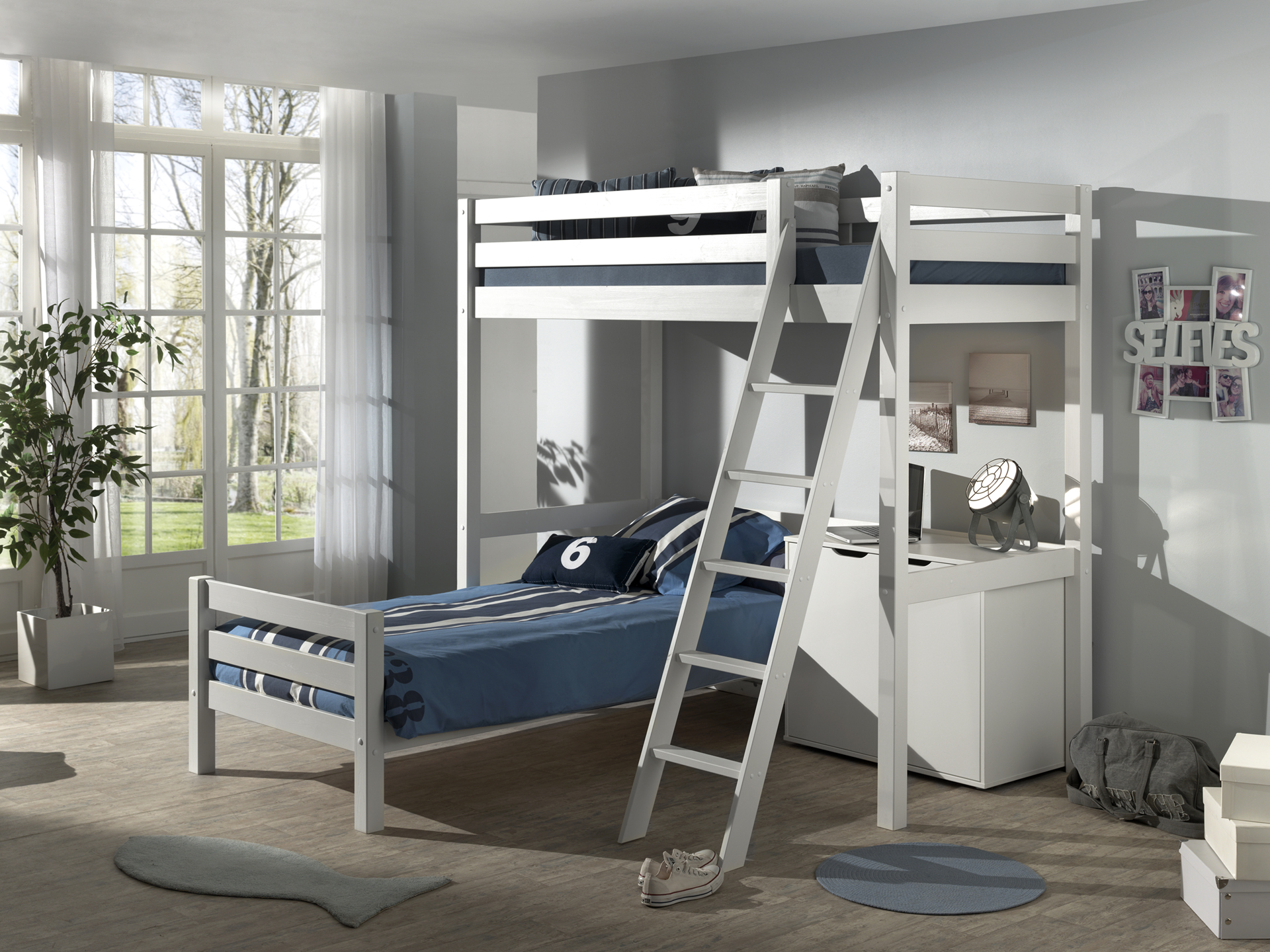 LUCEVI - Pino Mezzanine bed + Ladder + Commode 2 deuren + Bed - Wit - 90x200 cm