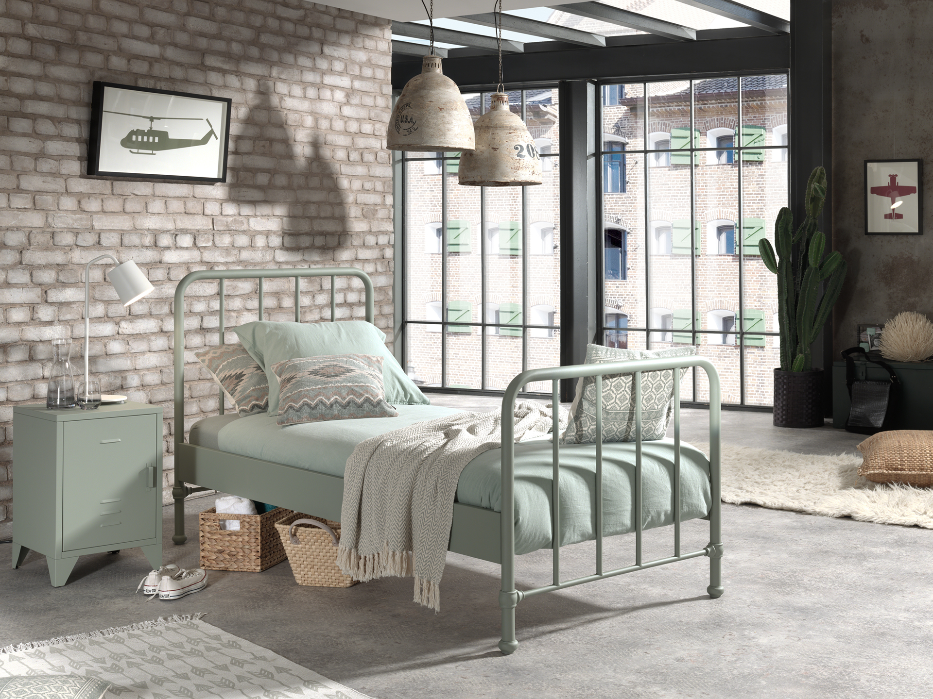 LUCEVI - Bronxx bed + Nachtkastje - Olive Green - 90x200 cm