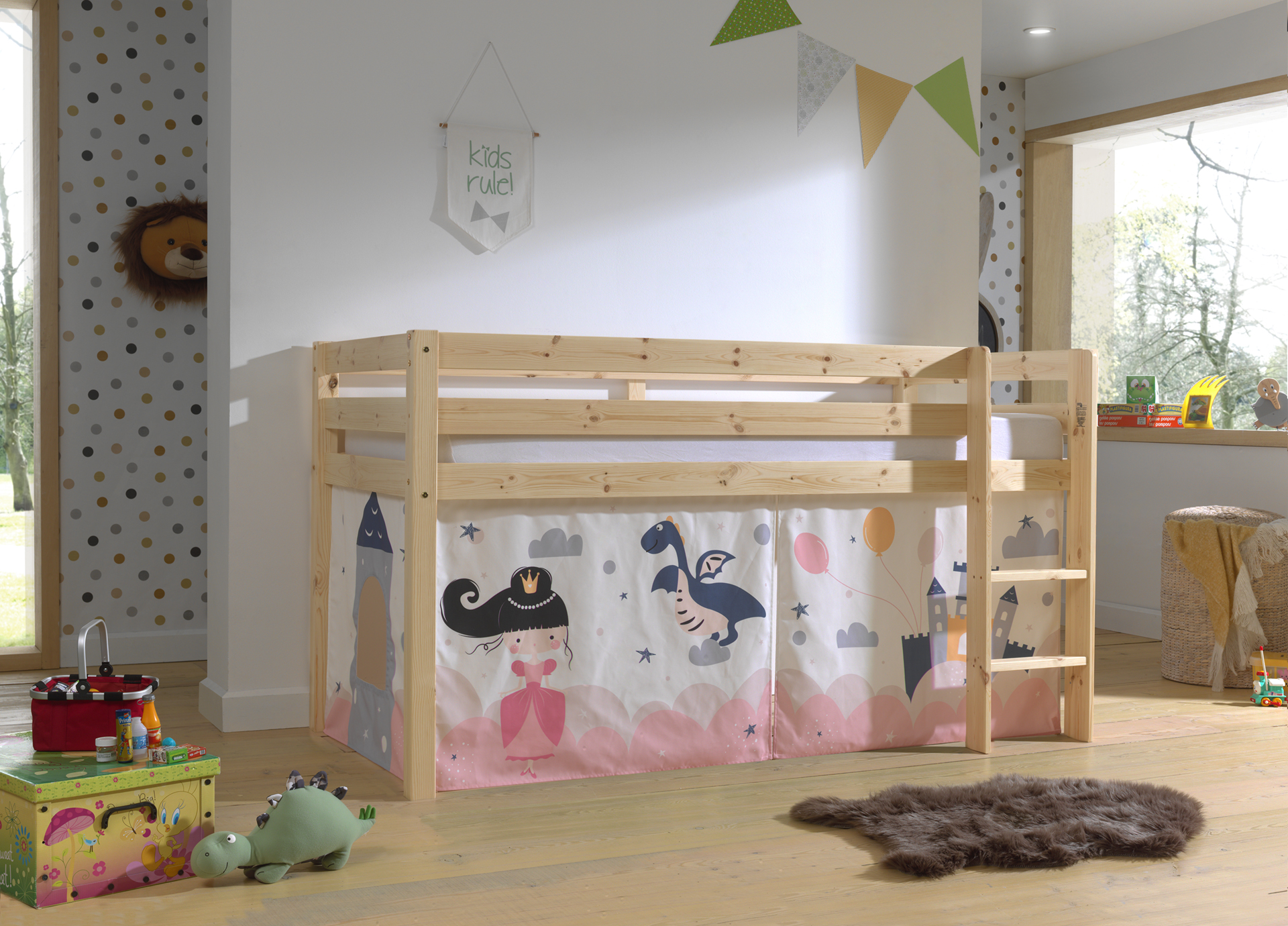 LUCEVI - Pino Halfhoogslaper H115CM + Ladder + Princess Sophie Gordijntjes - Bruin - 90x200 cm