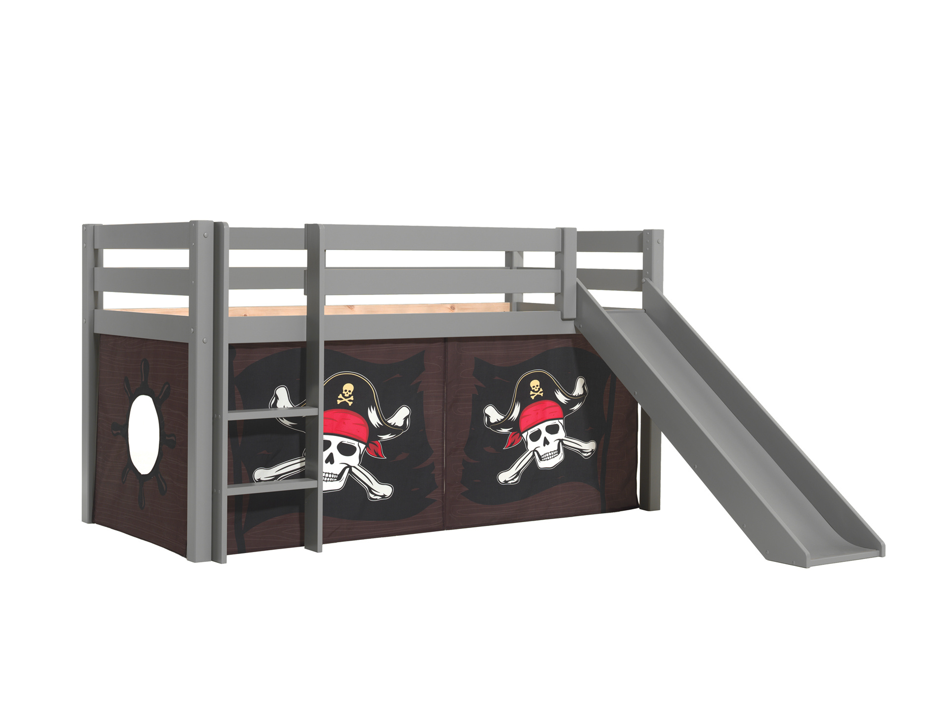 LUCEVI - Pino Halfhoogslaper H115CM + Ladder + Glijbaan + Caribian Pirates Gordijntjes - Grijs - 90x200 cm
