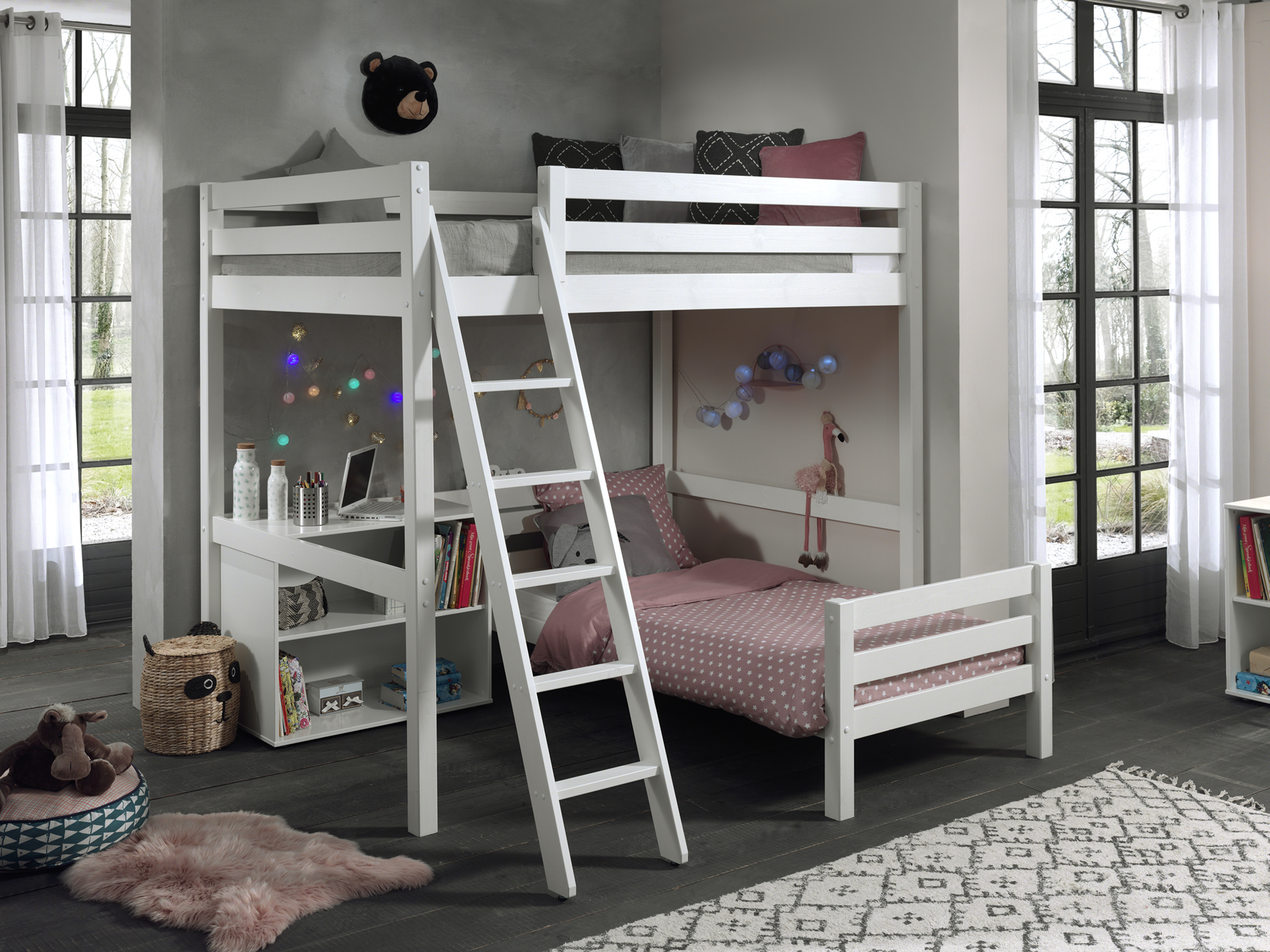 LUCEVI - Pino Mezzanine bed 140x200 cm + Ladder + Boekenkast + Bed 90x200 cm - Wit