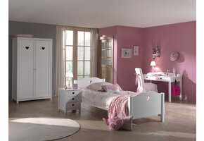 LUCEVI - Amori bed + Lattenbodem + Nachtkastje + 2 Deurs Kleerkast + Bureau - Wit - 90x200 cm