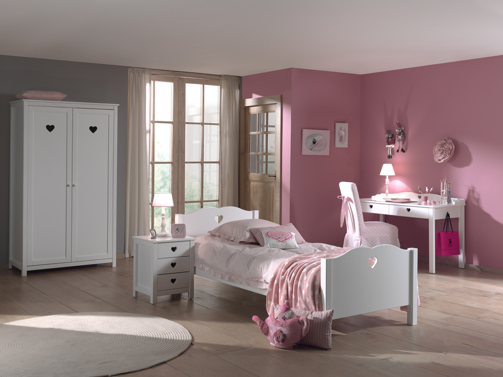 LUCEVI - Amori bed + Lattenbodem + Nachtkastje + 2 Deurs Kleerkast + Bureau - Wit - 90x200 cm