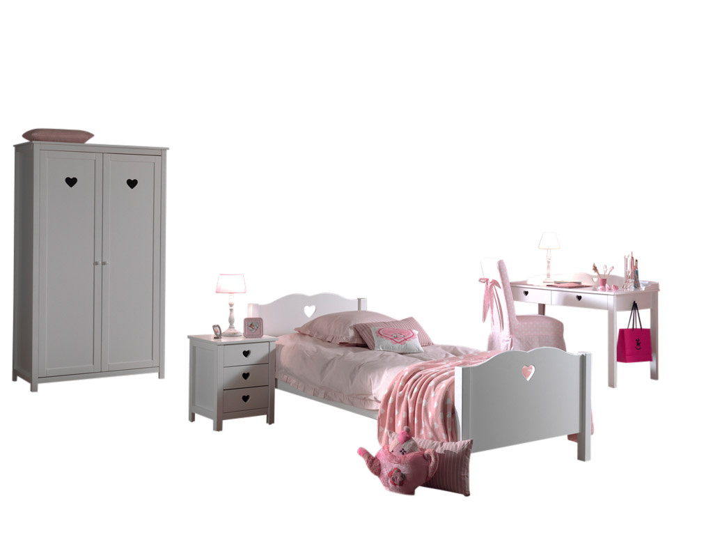 LUCEVI - Amori bed + Lattenbodem + Nachtkastje + 2 Deurs Kleerkast + Bureau - Wit - 90x200 cm