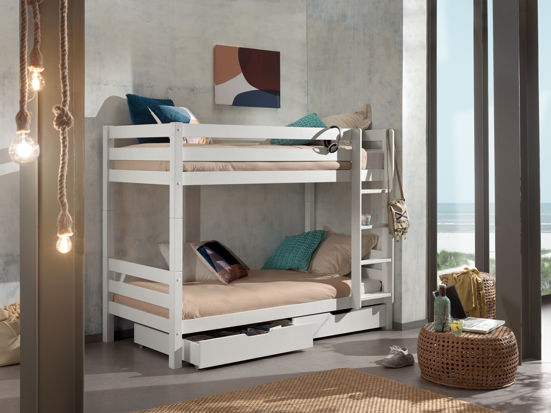 LUCEVI - Pino Stapelbed H160CM + Ladder + 2 Lades - Wit - 90x200 cm