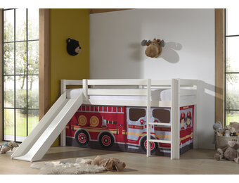 LUCEVI - Pino Halfhoogslaper H115CM + Ladder + Glijbaan + Fire Truck Gordijntjes - Wit - 90x200 cm
