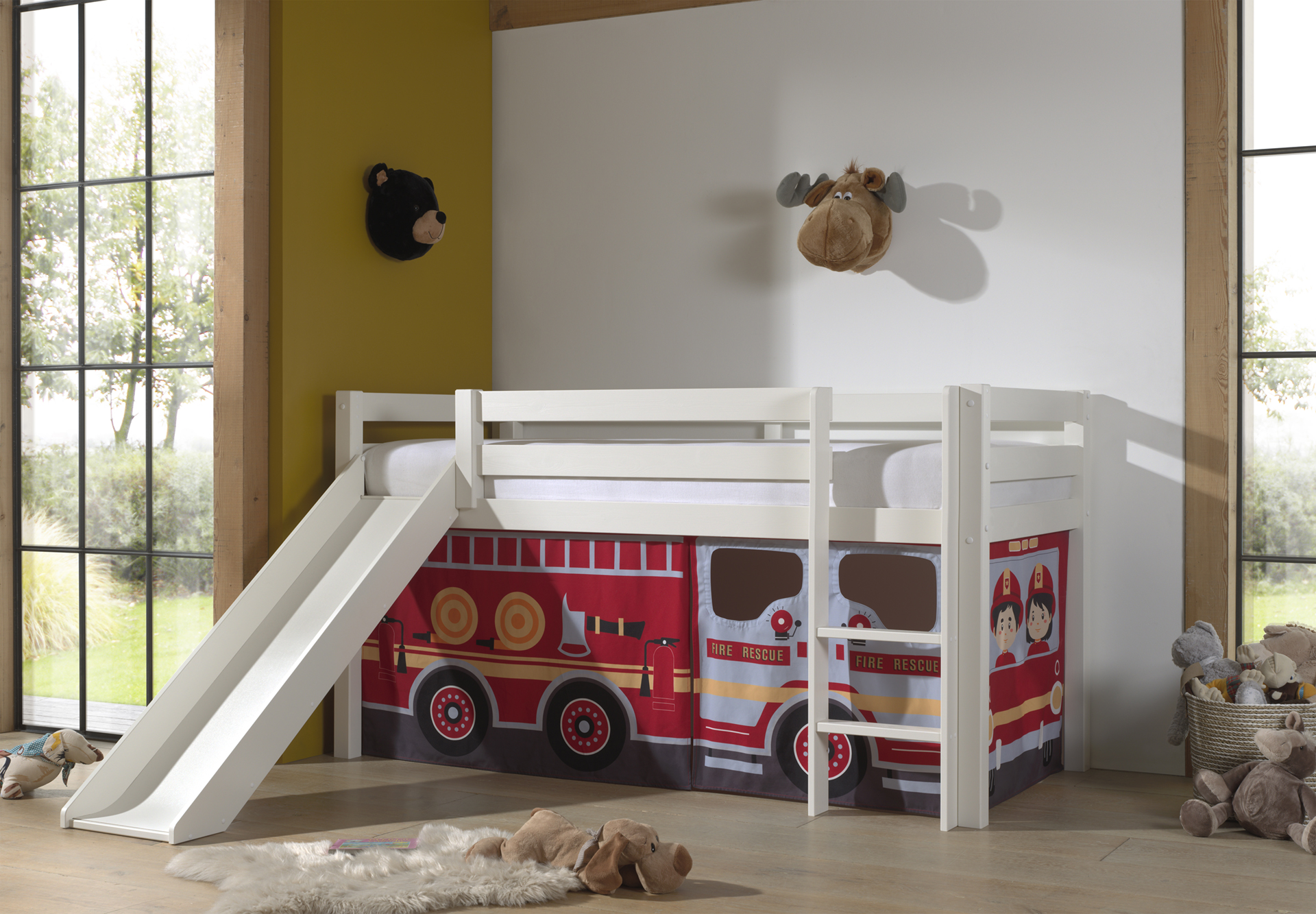 LUCEVI - Pino Halfhoogslaper H115CM + Ladder + Glijbaan + Fire Truck Gordijntjes - Wit - 90x200 cm