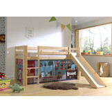 LUCEVI - Pino Halfhoogslaper H115CM + Ladder + Glijbaan + Pet Shop Gordijntjes - Bruin - 90x200 cm