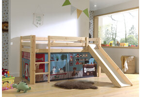 LUCEVI - Pino Halfhoogslaper H115CM + Ladder + Glijbaan + Pet Shop Gordijntjes - Bruin - 90x200 cm
