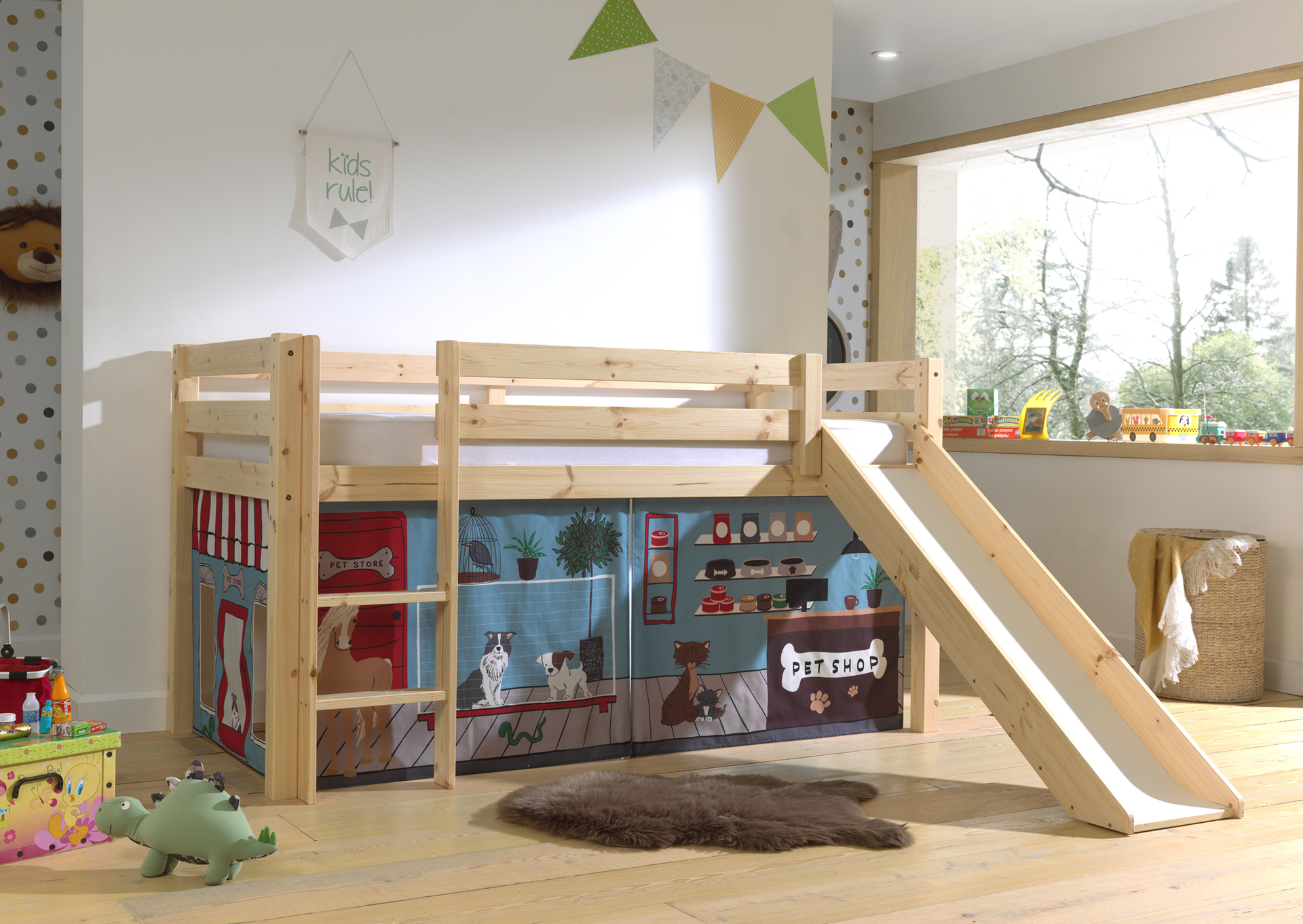 LUCEVI - Pino Halfhoogslaper H115CM + Ladder + Glijbaan + Pet Shop Gordijntjes - Bruin - 90x200 cm