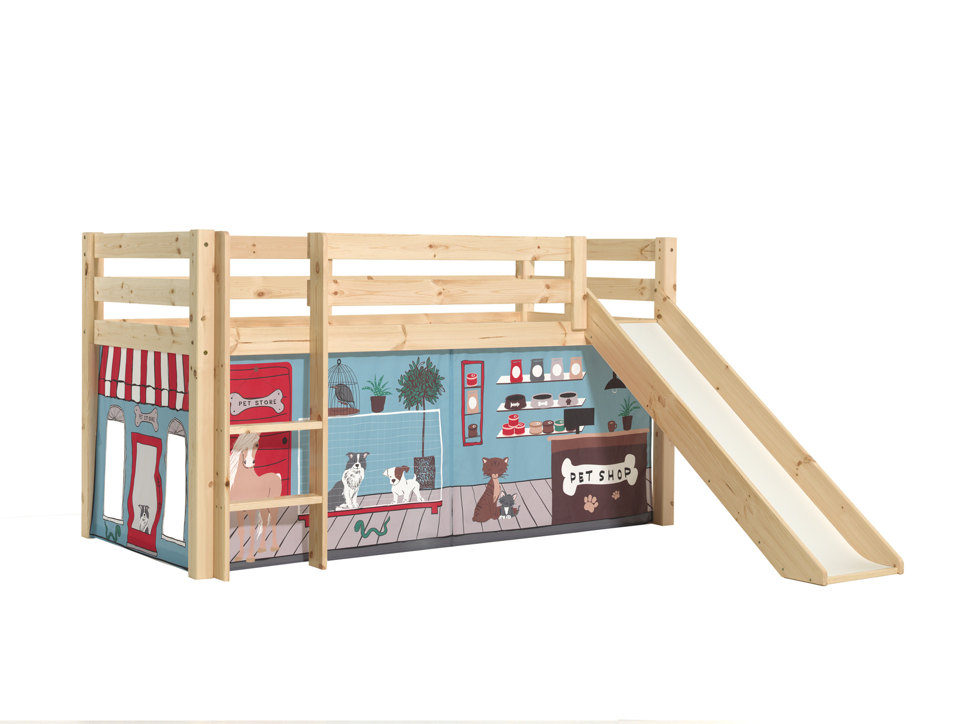 LUCEVI - Pino Halfhoogslaper H115CM + Ladder + Glijbaan + Pet Shop Gordijntjes - Bruin - 90x200 cm