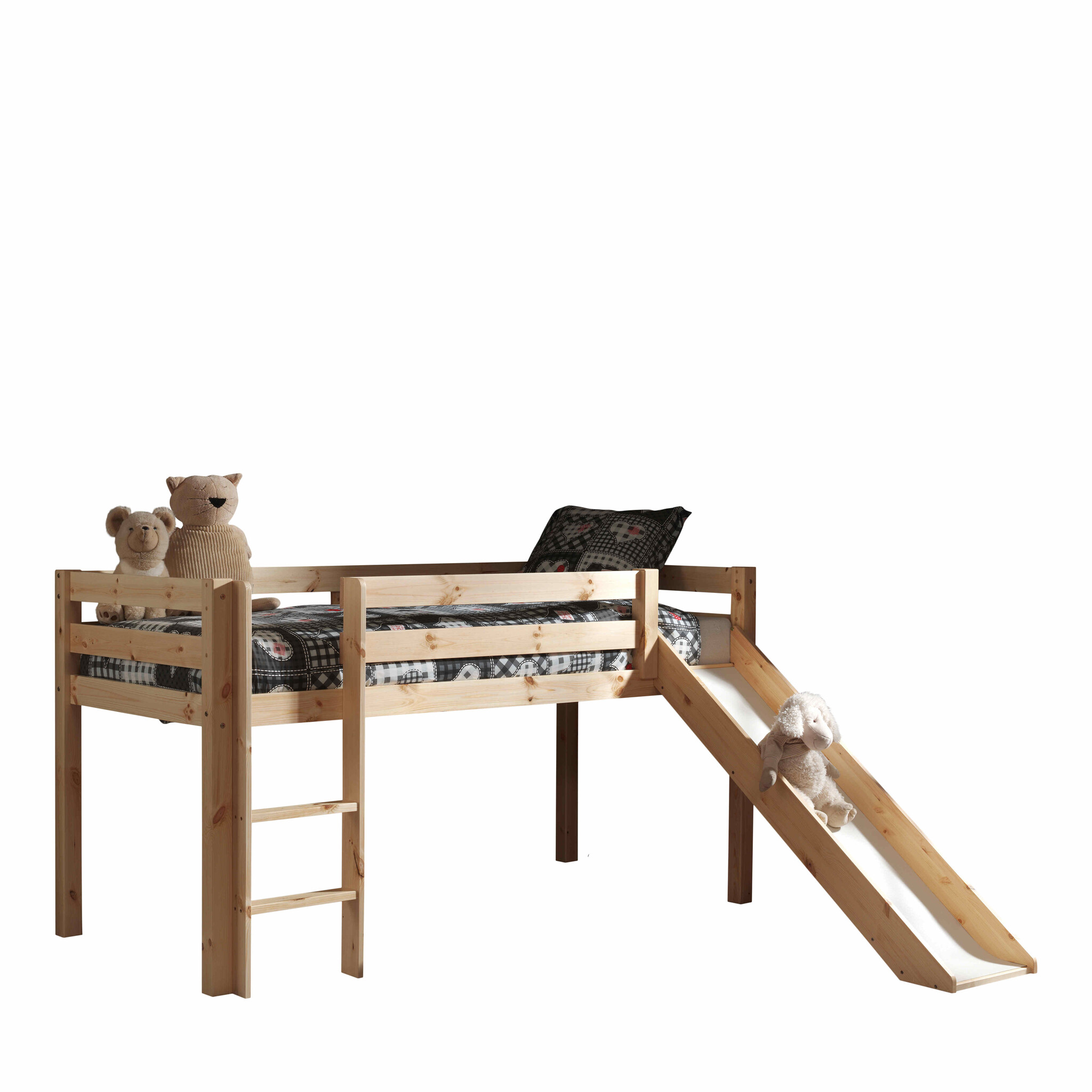 LUCEVI - Pino Halfhoogslaper H115CM + Ladder + Glijbaan + Pet Shop Gordijntjes - Bruin - 90x200 cm