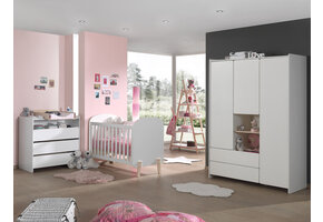 LUCEVI - Kiddy Babybed + Commode 3 laden + 3 Deurs Kleerkast + Boekenkast - Wit - 60x120 cm
