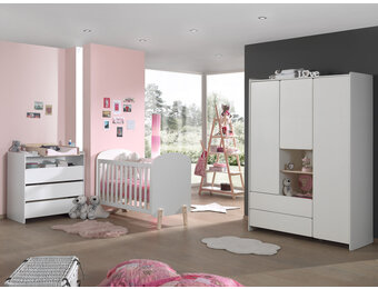 LUCEVI - Kiddy Babybed + Commode 3 laden + 3 Deurs Kleerkast + Boekenkast - Wit - 60x120 cm