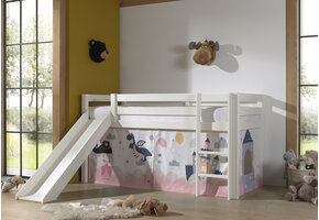 LUCEVI - Pino Halfhoogslaper H115CM + Ladder + Glijbaan + Princess Sophie Gordijntjes - Wit - 90x200 cm