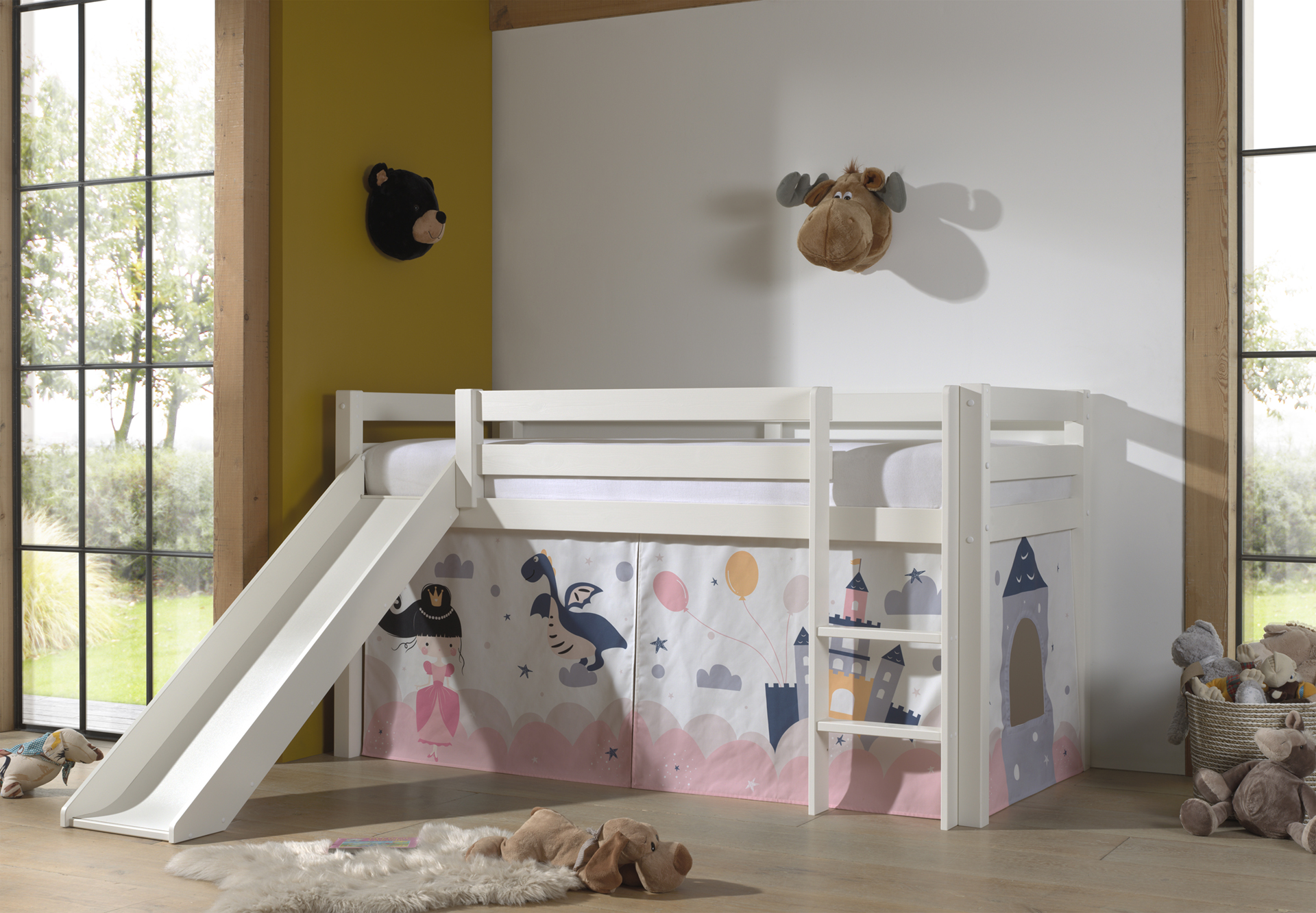 LUCEVI - Pino Halfhoogslaper H115CM + Ladder + Glijbaan + Princess Sophie Gordijntjes - Wit - 90x200 cm