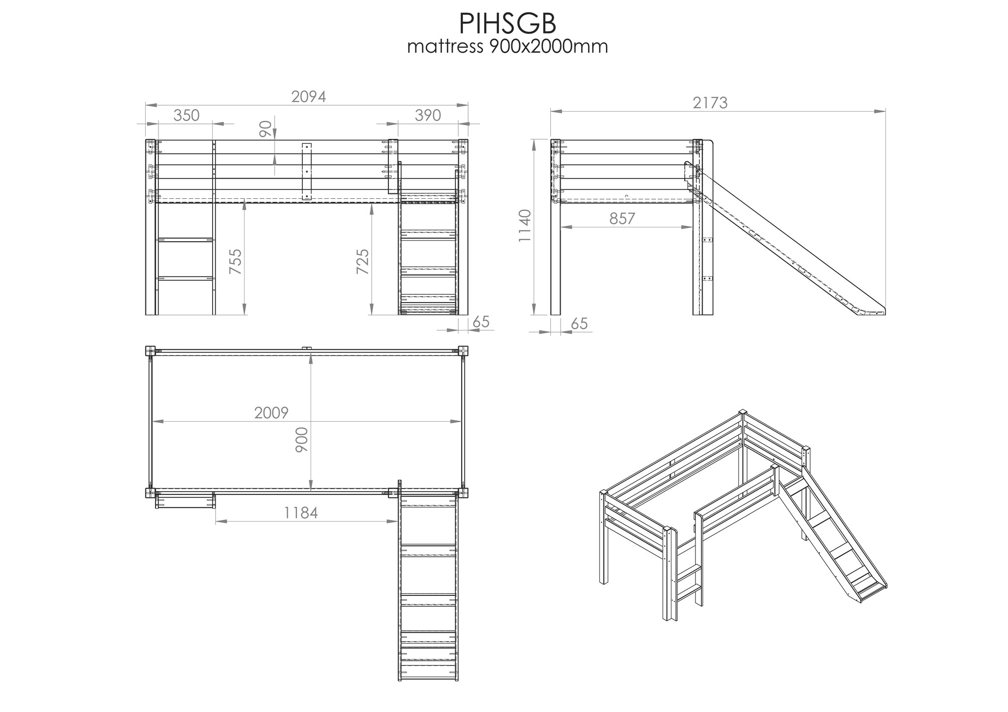 LUCEVI - Pino Halfhoogslaper H115CM + Ladder + Glijbaan + Princess Sophie Gordijntjes - Wit - 90x200 cm