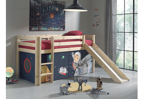 LUCEVI - Pino Halfhoogslaper + Ladder + Glijbaan + Space Gordijntjes - Bruin - 90x200 cm