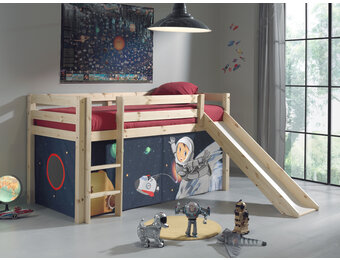 LUCEVI - Pino Halfhoogslaper + Ladder + Glijbaan + Space Gordijntjes - Bruin - 90x200 cm