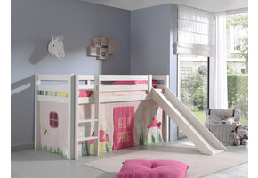 LUCEVI - Pino Halfhoogslaper + Ladder + Glijbaan + Spring Gordijntjes - Wit - 90x200 cm