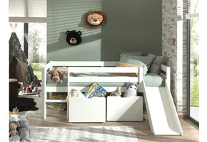 LUCEVI - Pino Halfhoogslaper H85CM + Glijbaan + Ladder + Set van 2 Laden - Wit - 90x200 cm