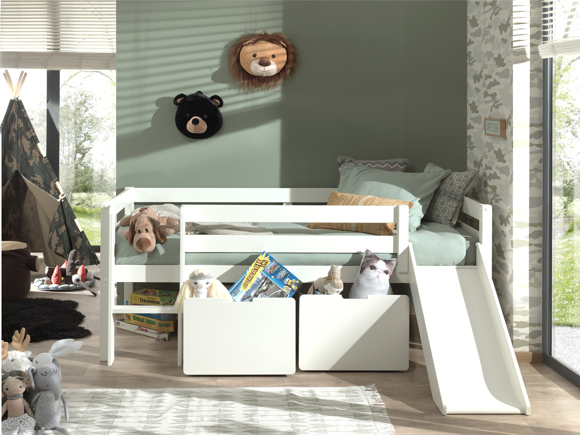 LUCEVI - Pino Halfhoogslaper H85CM + Glijbaan + Ladder + Set van 2 Laden - Wit - 90x200 cm