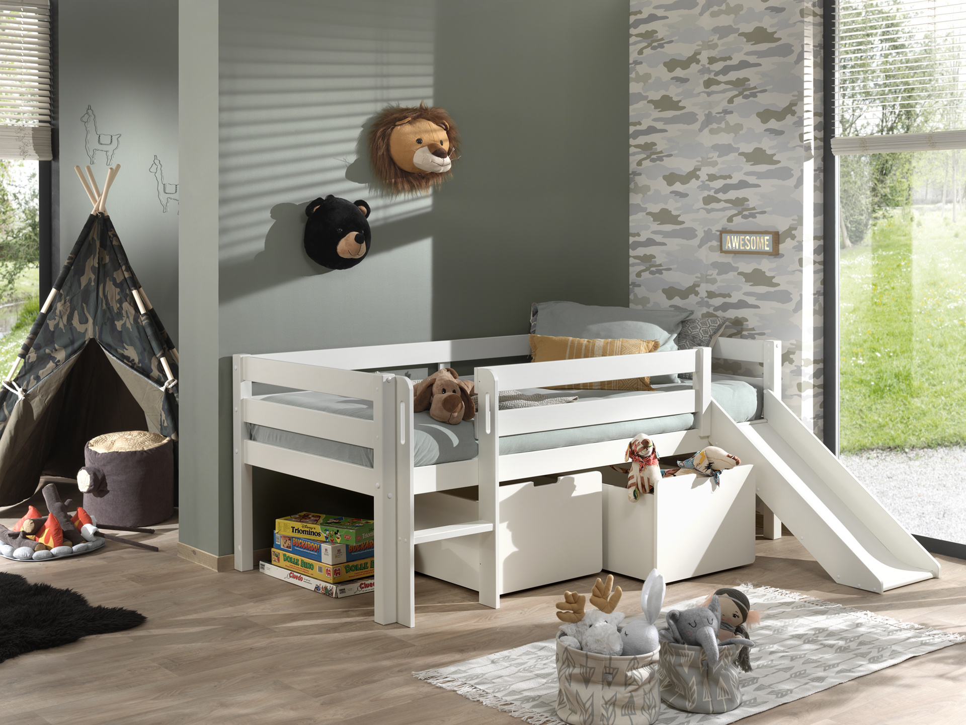 LUCEVI - Pino Halfhoogslaper H85CM + Glijbaan + Ladder + Set van 2 Laden - Wit - 90x200 cm