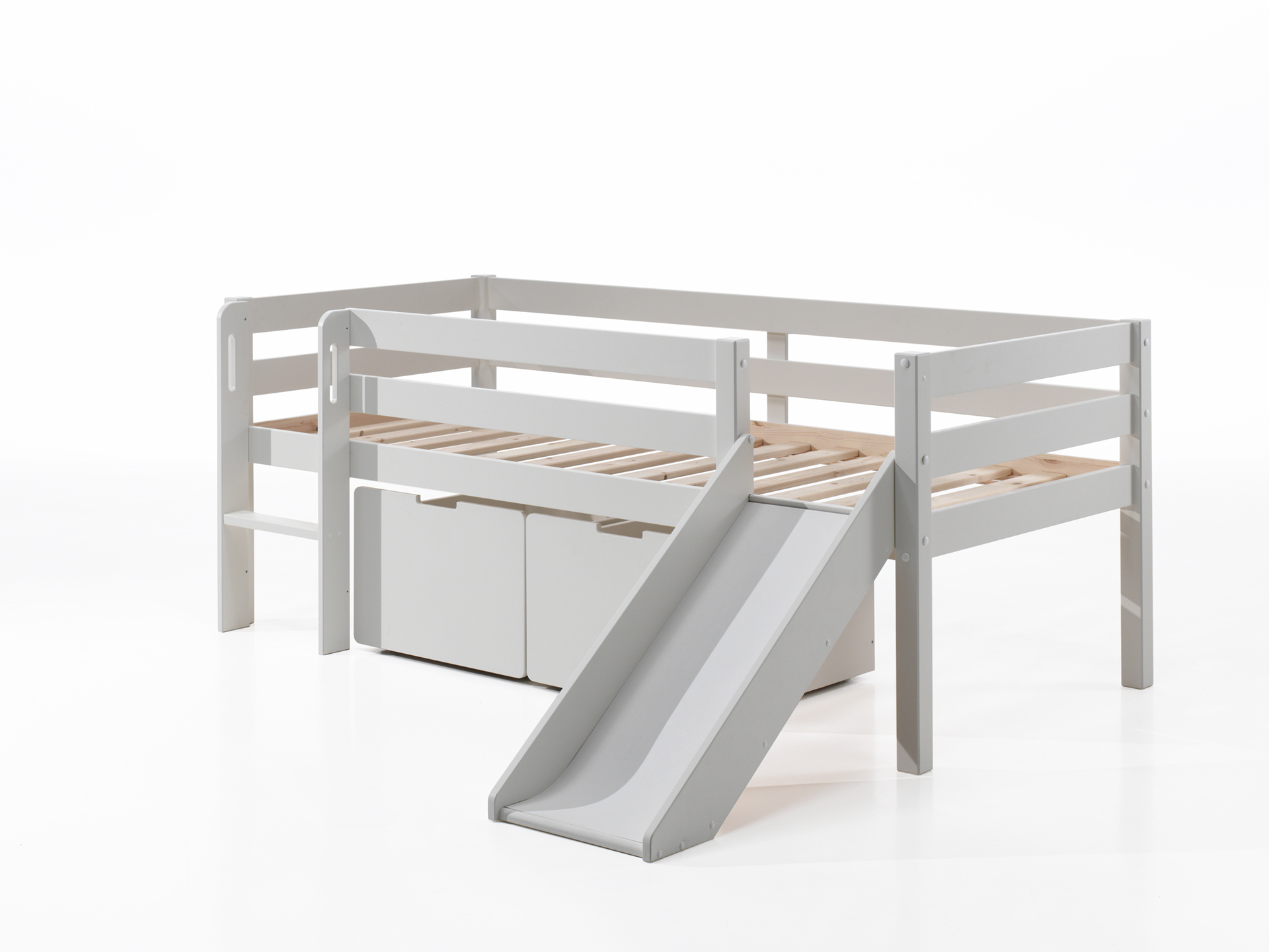 LUCEVI - Pino Halfhoogslaper H85CM + Glijbaan + Ladder + Set van 2 Laden - Wit - 90x200 cm