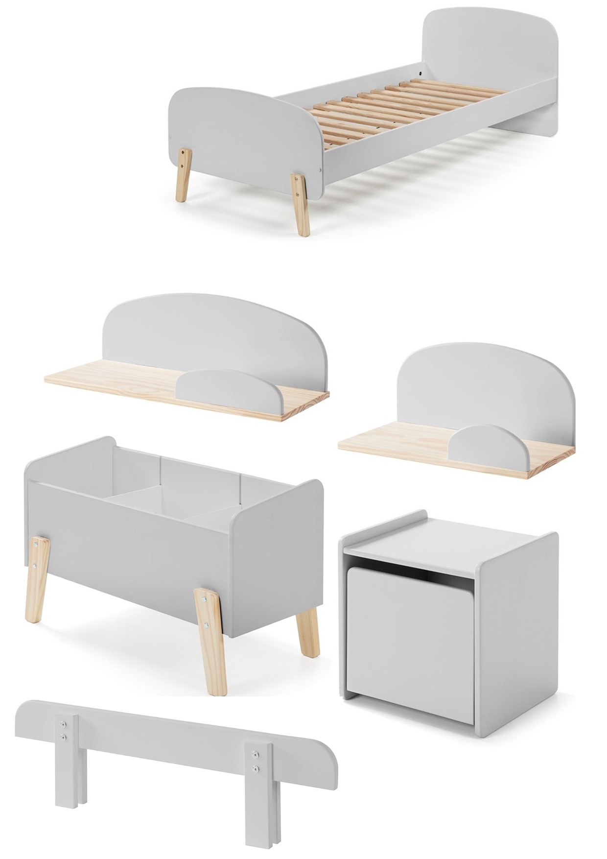 LUCEVI - Kiddy bed + Nachtkastje + Hangplankjes + Uitvalbeveiliging + Speelkoffer - Cool Grey - 90x200 cm