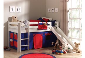 LUCEVI - Pino Halfhoogslaper + Ladder + Glijbaan + Domino Gordijntjes - Wit - 90x200 cm