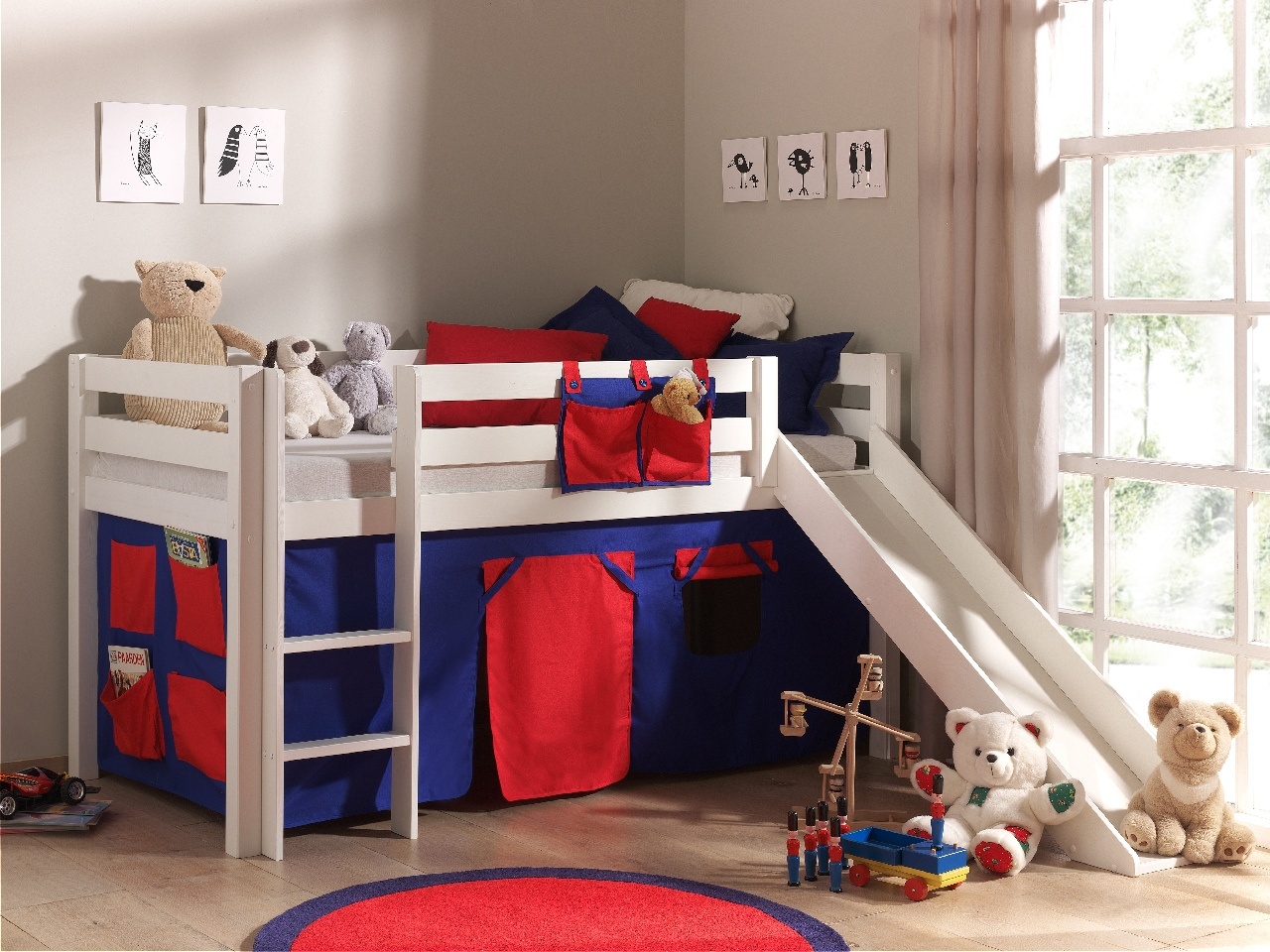 LUCEVI - Pino Halfhoogslaper + Ladder + Glijbaan + Domino Gordijntjes - Wit - 90x200 cm