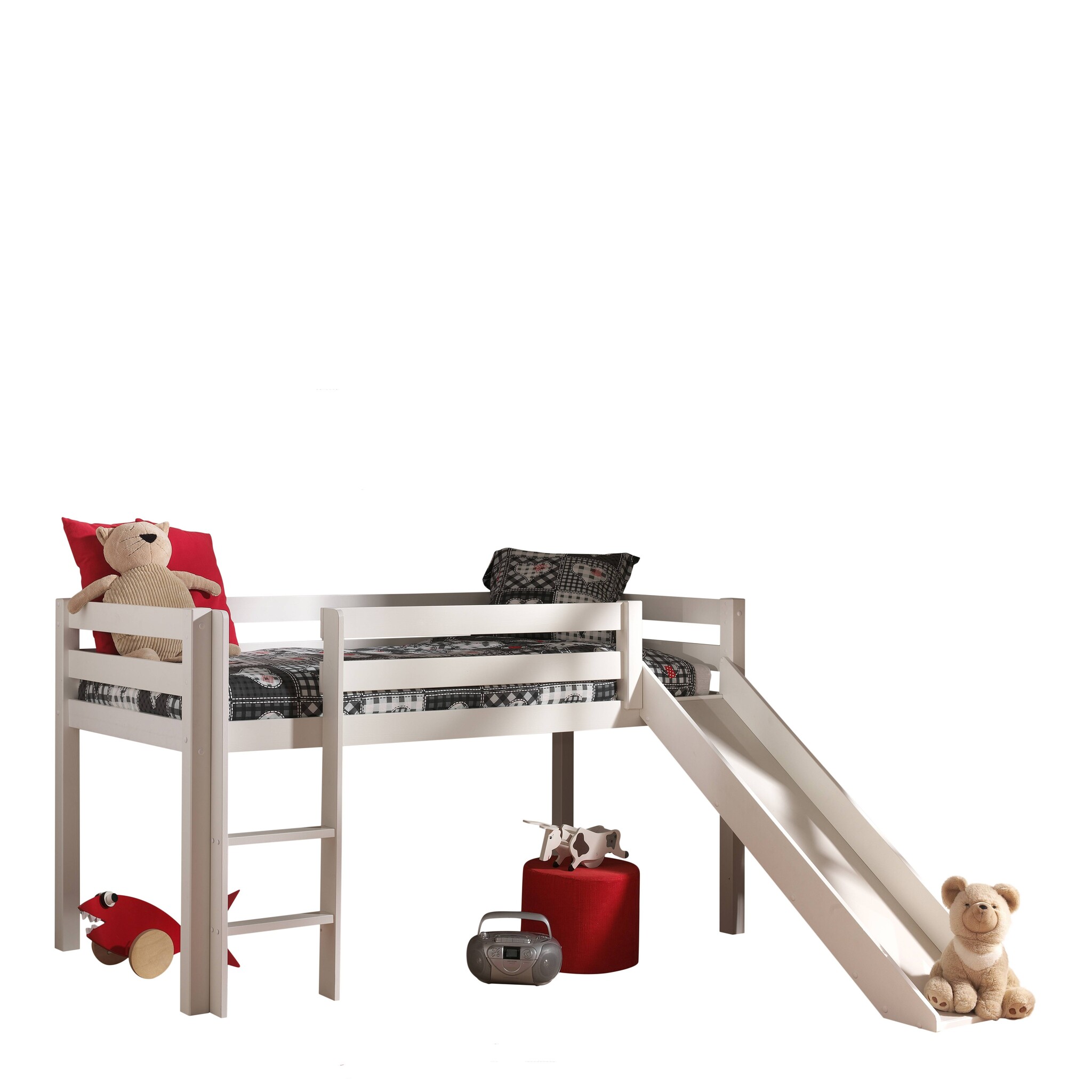 LUCEVI - Pino Halfhoogslaper H115CM + Ladder + Glijbaan + Princess Sophie Gordijntjes - Wit - 90x200 cm