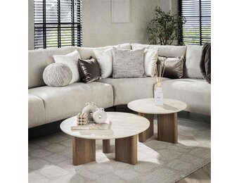 Hoyz Collection - Salontafel Romano Rechthoekige Poot - Keramisch Travertin - Set van 2