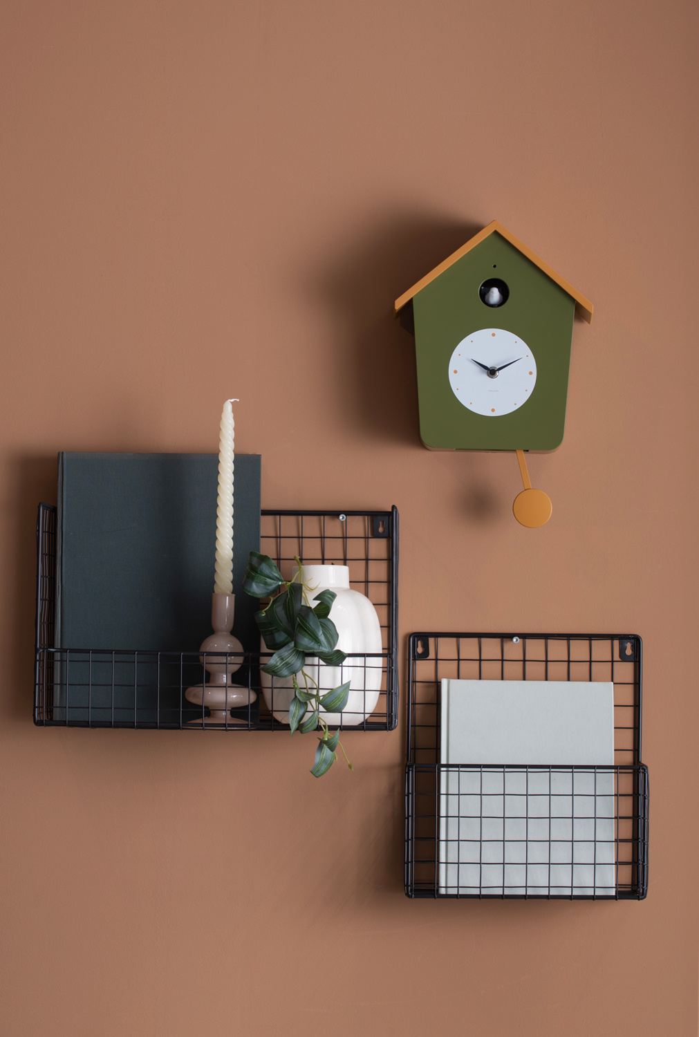 Karlsson - Wandklok Cuckoo Light - Army green & ochre yellow