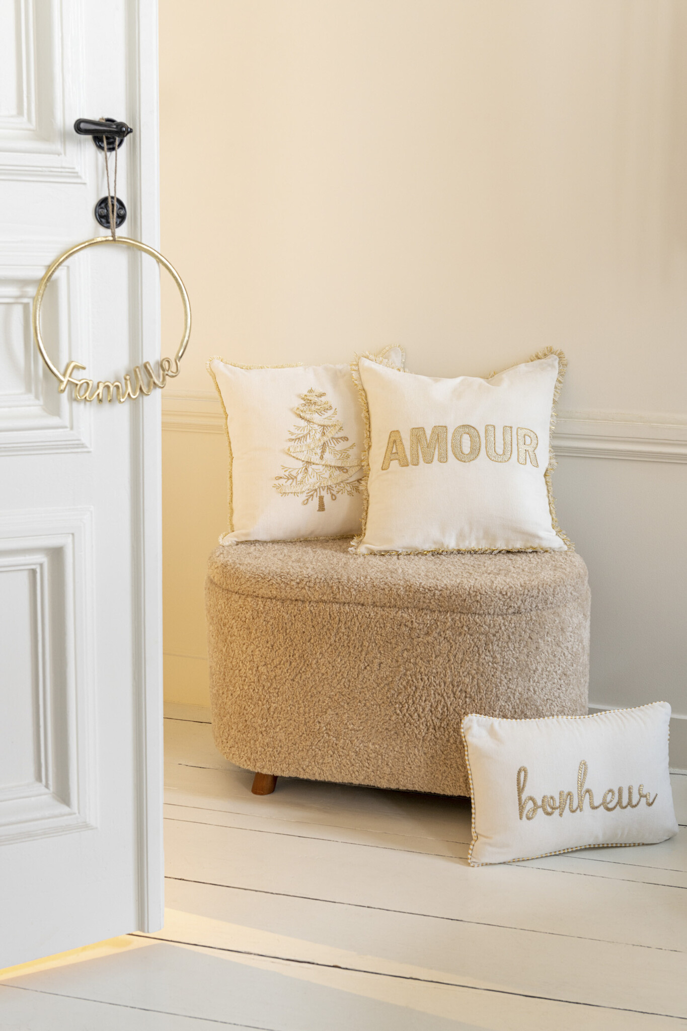 J-Line - Kussen Amour Textiel Wit/goud - 45x45x3.75cm