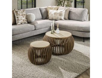 Hoyz Collection - Salontafel Set-2 Curve Nuovo Travertin - Massief Mango Zandkleur