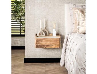 Hoyz Collection - Nachtkastje Hangend Nuovo Travertin - Massief Mango Zandkleur