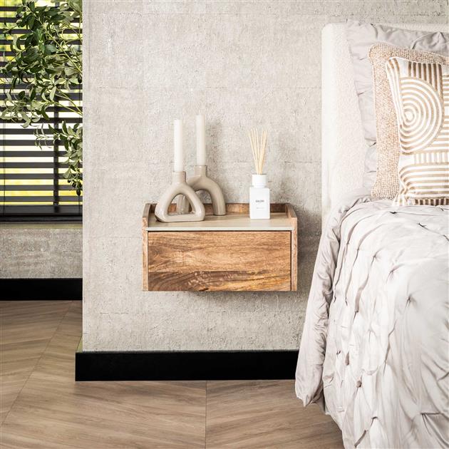 Hoyz Collection - Nachtkastje Hangend Nuovo Travertin - Massief Mango Zandkleur