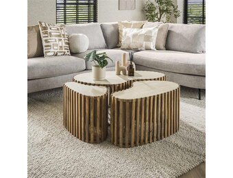 Hoyz Collection - Salontafel Set-3 Niervorm Nuovo Travertin - Massief Mango Zandkleur