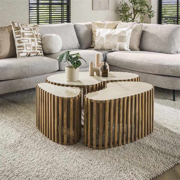 Hoyz Collection - Salontafel Set-3 Niervorm Nuovo Travertin - Massief Mango Zandkleur