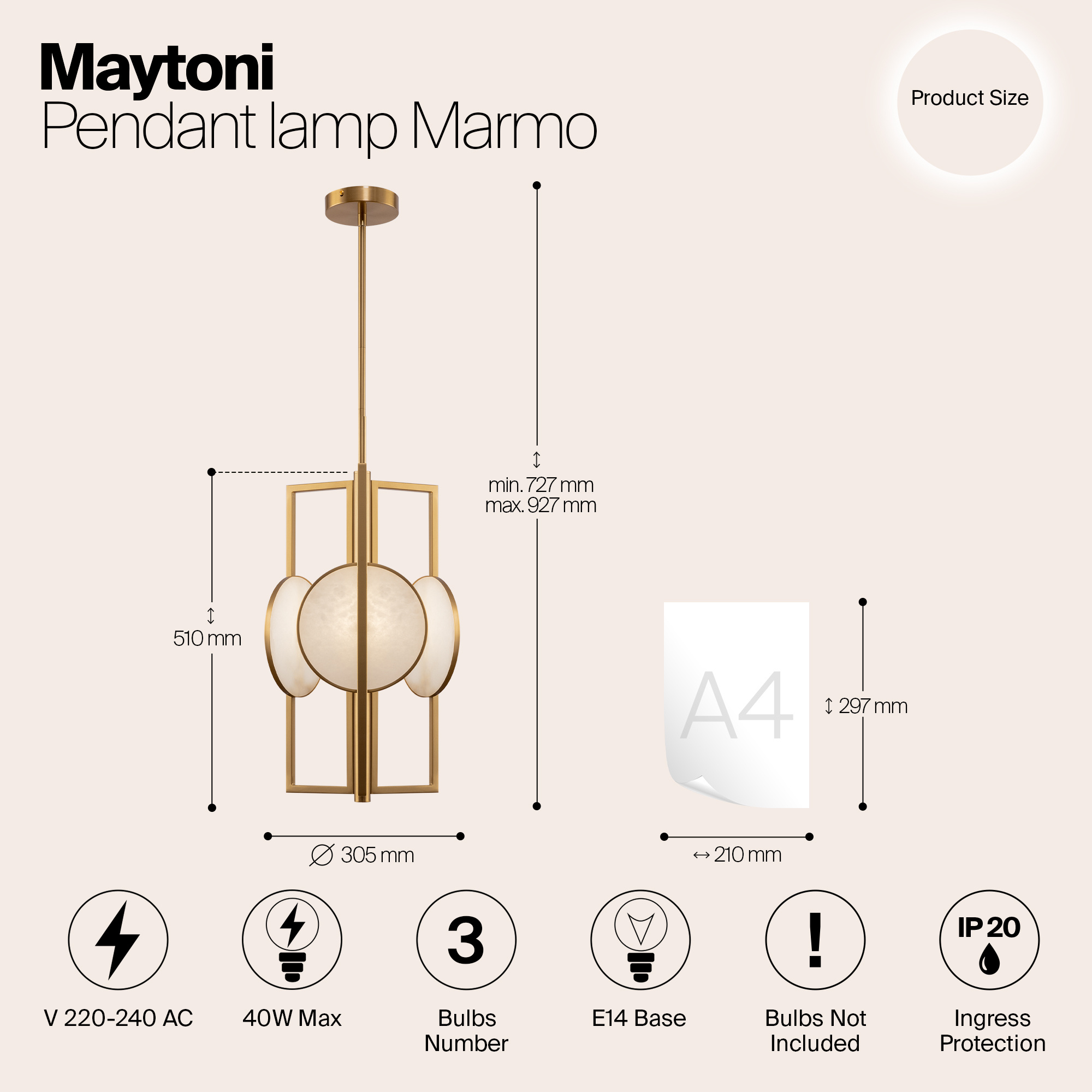 Maytoni - Hanglamp Marmo - Goud - Ø30,5